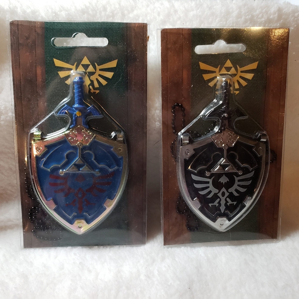 2 Legend of Zelda Hylian Shield Links Master Sword Necklace Blue & Black